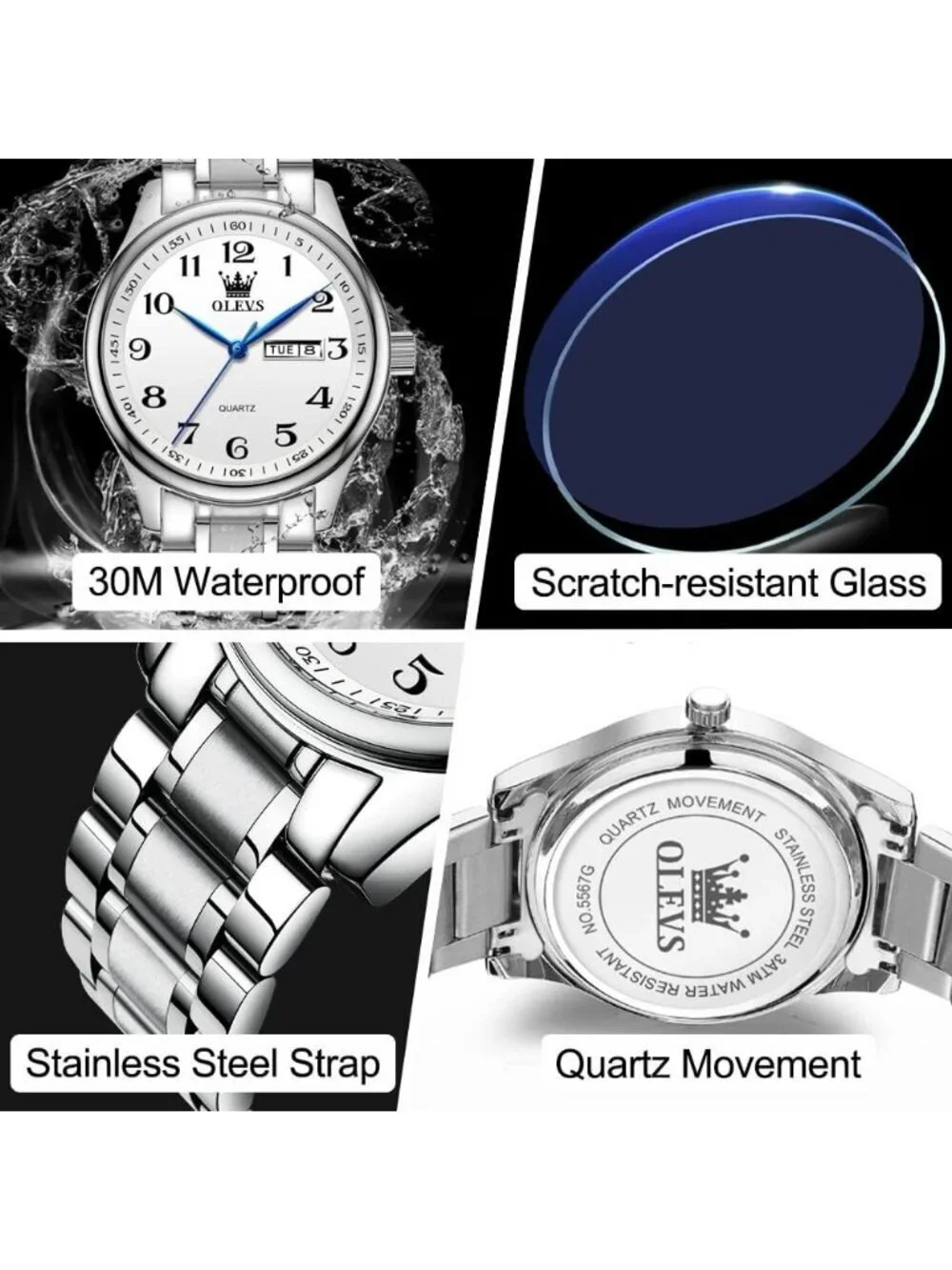 Olevs Mens Silver Luxury Stainless Steel White Face Analog Quartz Luminous Watch